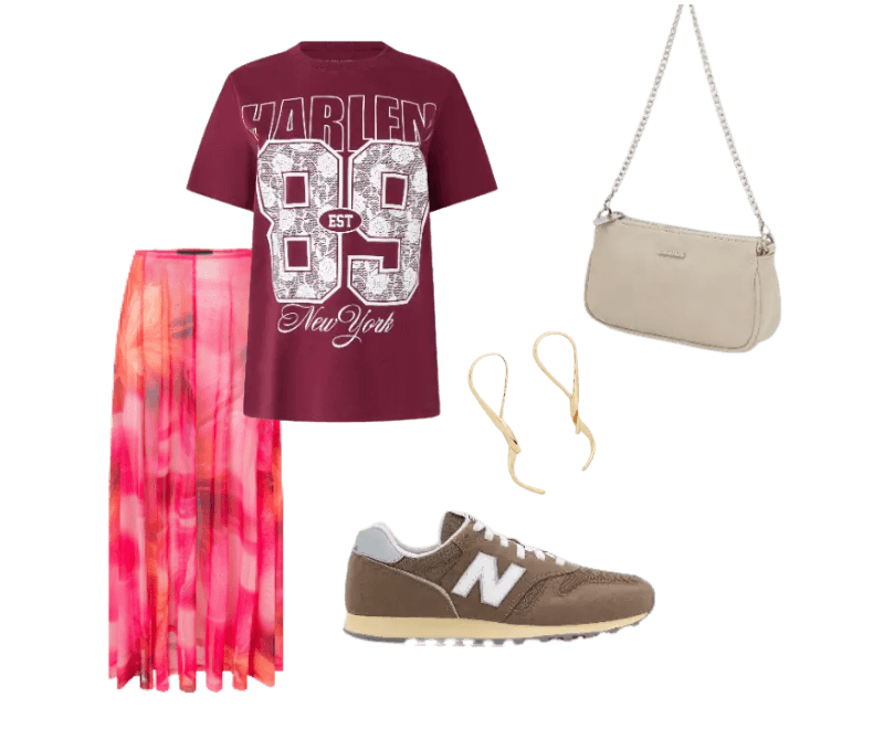 camiseta vinho, saia longa estampada, tênis marrom, bolsa bege, brincos dourados