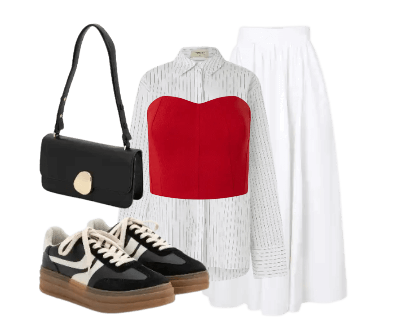 camisa branca estampada, bustier vermelho, saia branca, tênis preto, bolsa preta