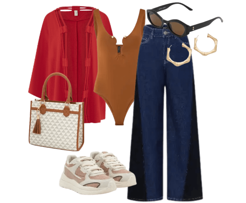 cardigã vermelho, body caramelo, jeans azul, tênis branco, bolsa geométrica branca, óculos de sol preto, brincos dourados