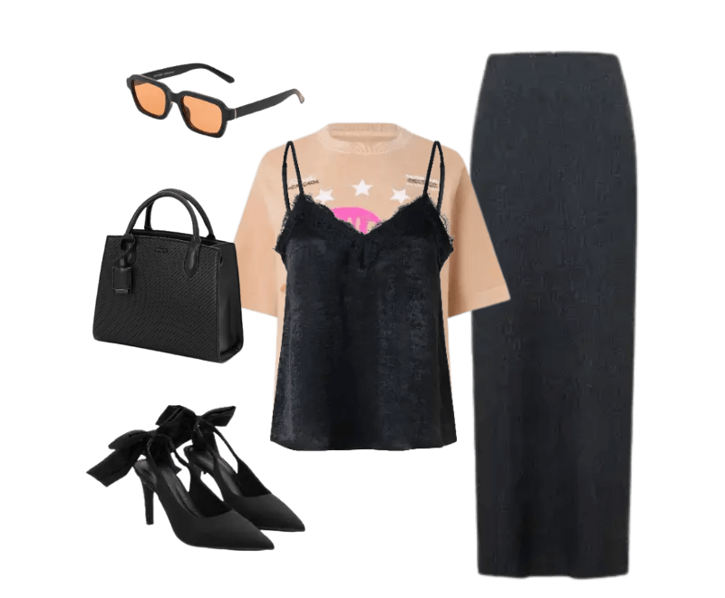 camiseta creme estampada, regata preta de alças, saia lápis preta, óculos de sol preto, bolsa preta, sapatos de salto preto.