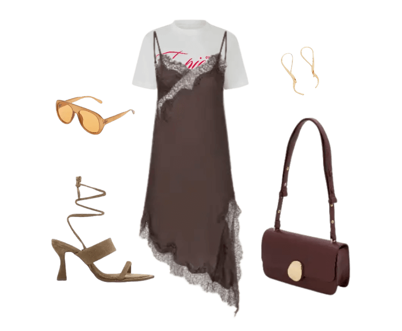 vestido marrom slip dress, camiseta branca, sandália nude, bolsa vinho transversal, óculos de sol marrom, brincos dourados
