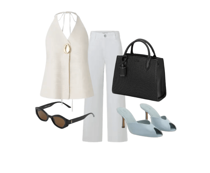 top branco halter, calça branca reta, óculos escuros, bolsa preta estruturada, sandálias azuis salto