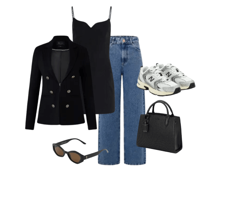 blazer preto, vestido preto, calça jeans clara, tênis cinza, óculos de sol escuros, bolsa preta.