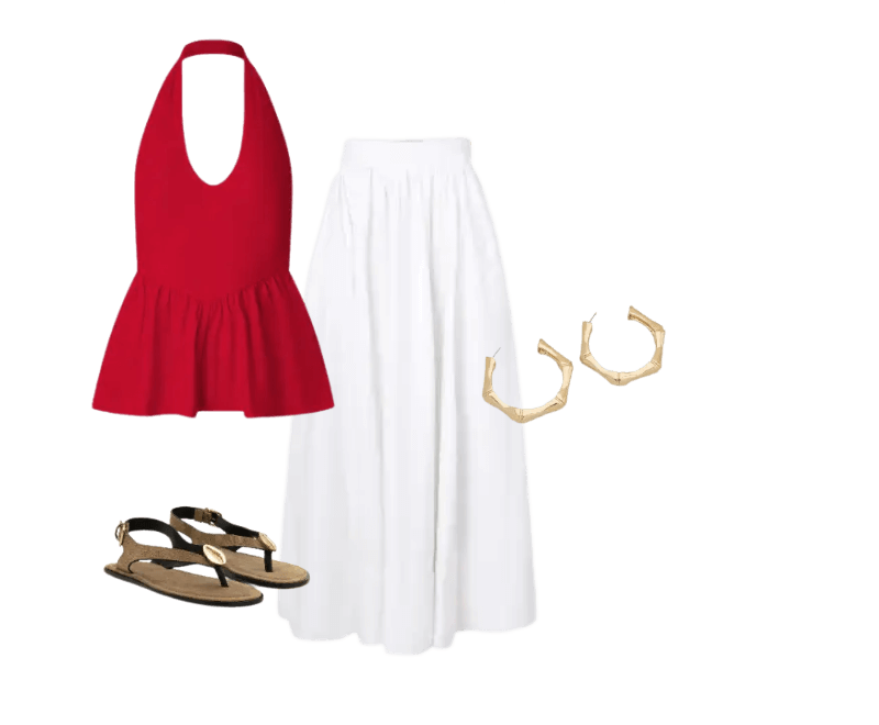 Blusa vermelha halter, saia branca longa, brincos dourados, sandálias rasteiras pretas