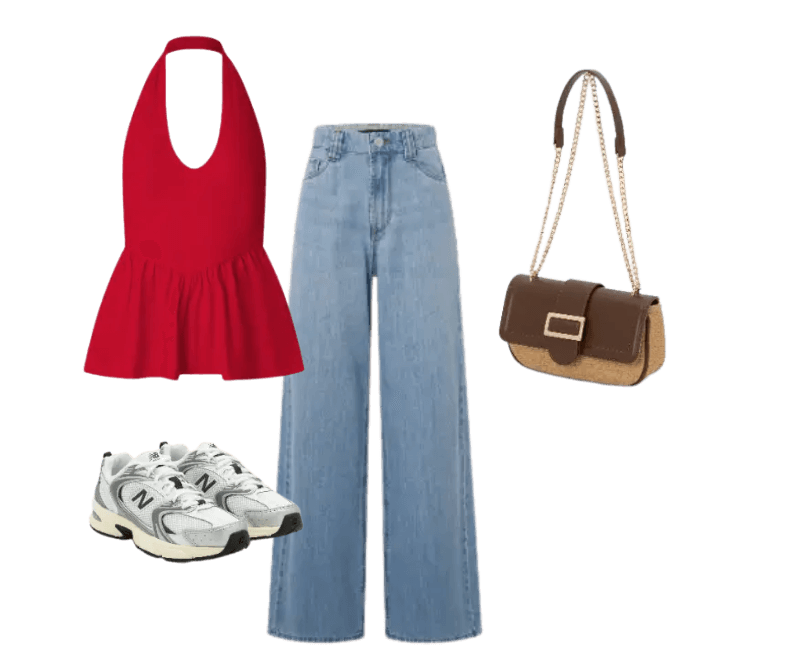 blusa vermelha halter, jeans azul claro largo, tênis branco, bolsa tiracolo marrom
