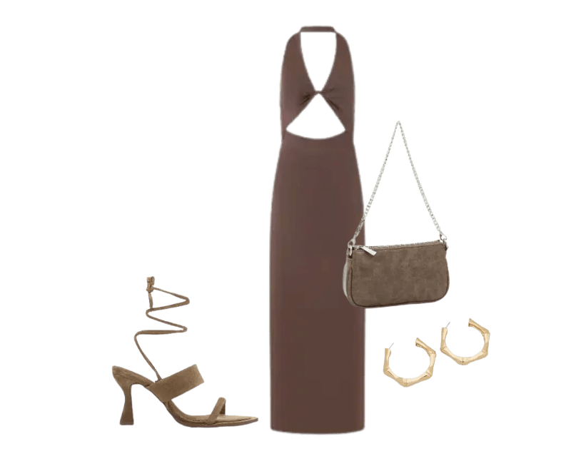 vestido terroso longo, sandálias terrosas de salto, bolsa neutra pequena, brincos dourados grandes