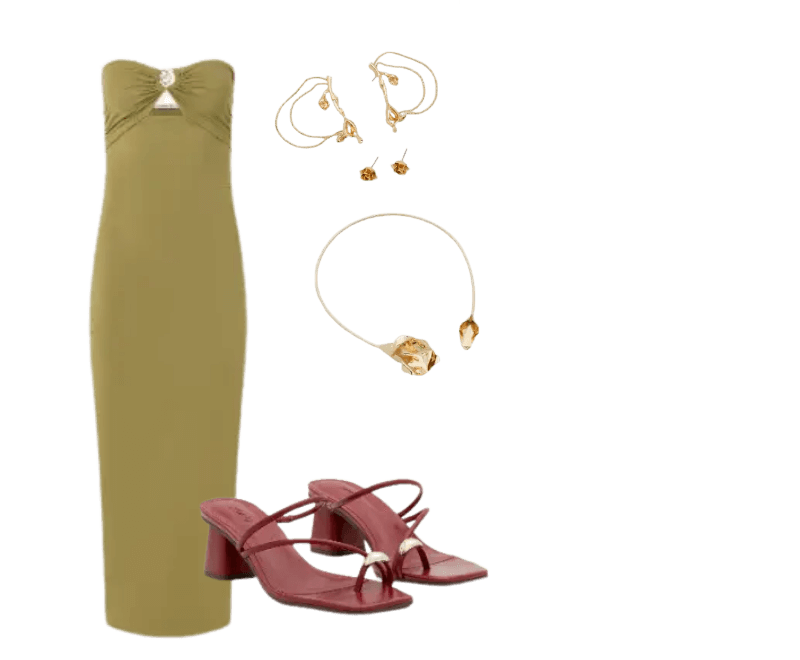 vestido verde tubinho, sandália vinho salto médio, brincos dourados, pulseira dourada, colar dourado.
