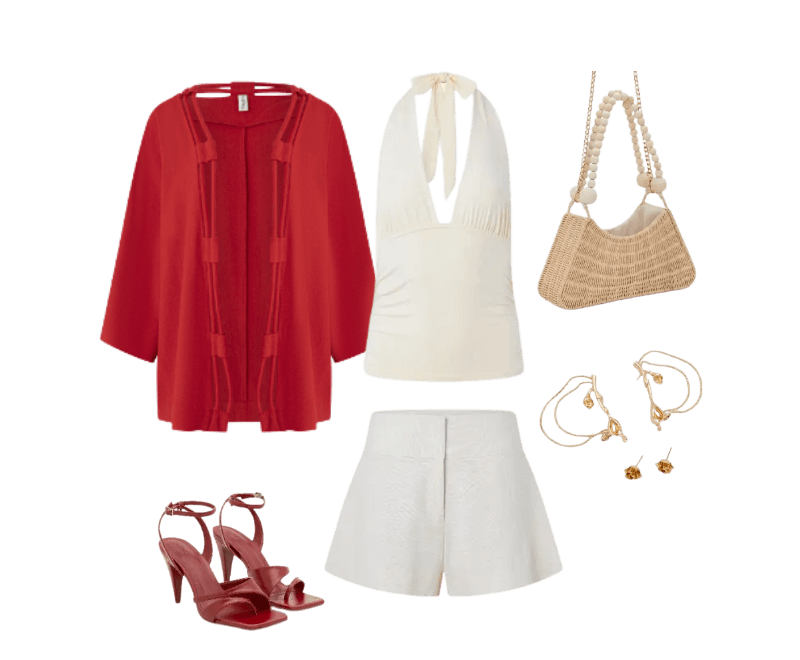 blusa branca alças, shorts branco, casaco vermelho, sandálias salto vermelho, bolsa palha, brincos dourados