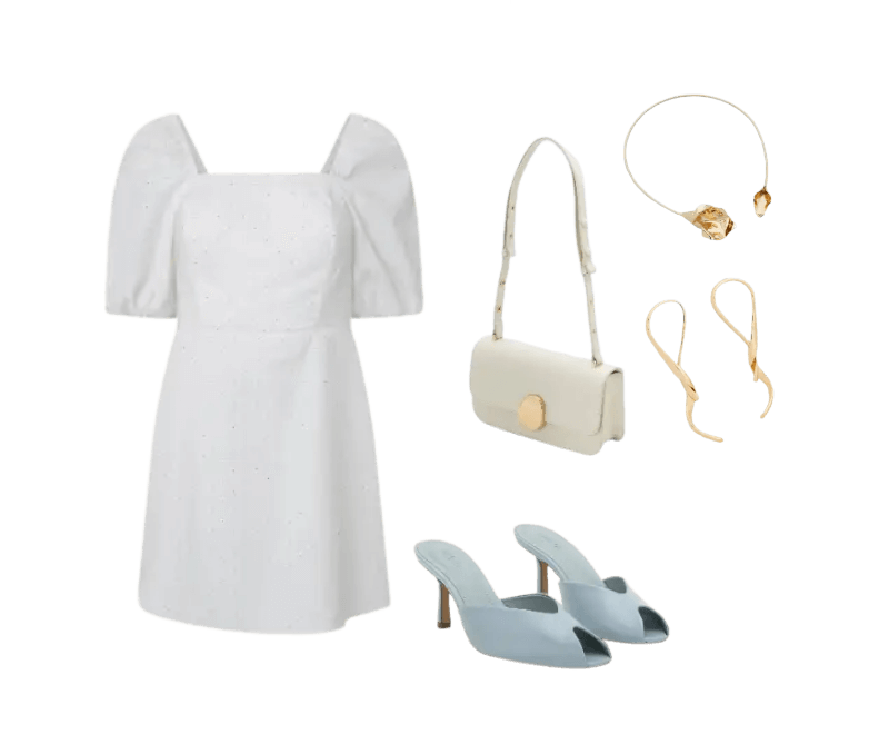 vestido branco bufante, bolsa creme pequena, sapatos azul-claros abertos, colar dourado, brincos dourados