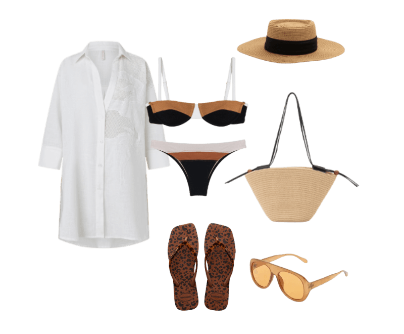 camisa branca oversized, biquíni preto e marrom, chapéu de palha, bolsa de palha, sandálias animal print, óculos escuros