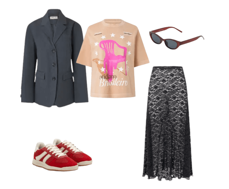 camiseta bege estampa, blazer cinza, saia longa renda preta, tênis vermelho, óculos sol marrom.