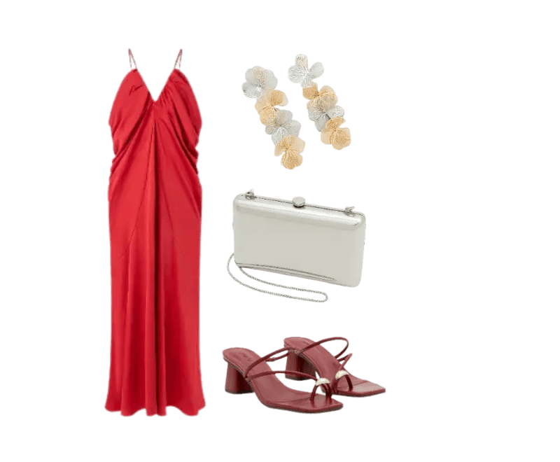 vestido vermelho longo, sandália vinho salto baixo, clutch branca, brincos florais coloridos