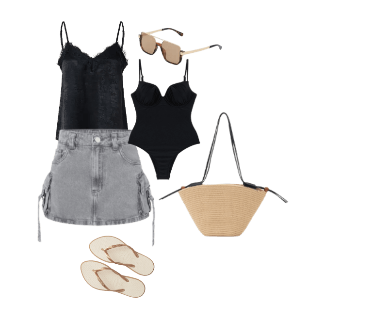 blusa preta regata, body preto, saia jeans cinza, óculos de sol bege, bolsa de palha bege, chinelos bege