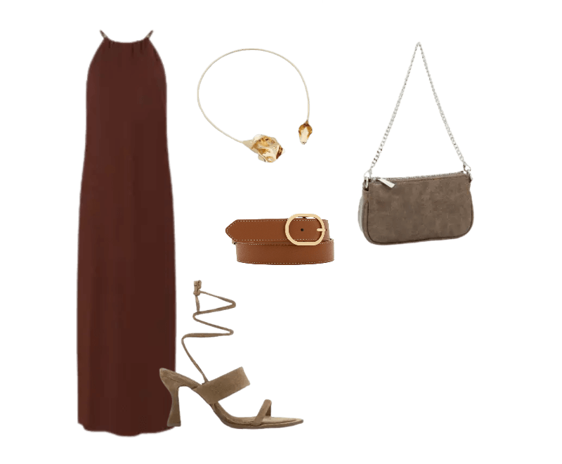 vestido marrom longo, sandálias bege de salto, cinto caramelo, bolsa neutra ombro, bracelete dourado