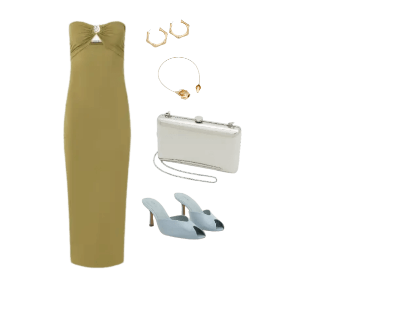 vestido verde oliva, mules azul claro, clutch branca, brincos dourados, pulseira dourada.