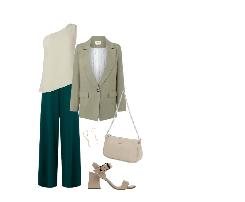 top assimétrico creme, blazer verde, calça alfaiataria verde escura, sandália bege, bolsa de ombro bege, brincos dourados.