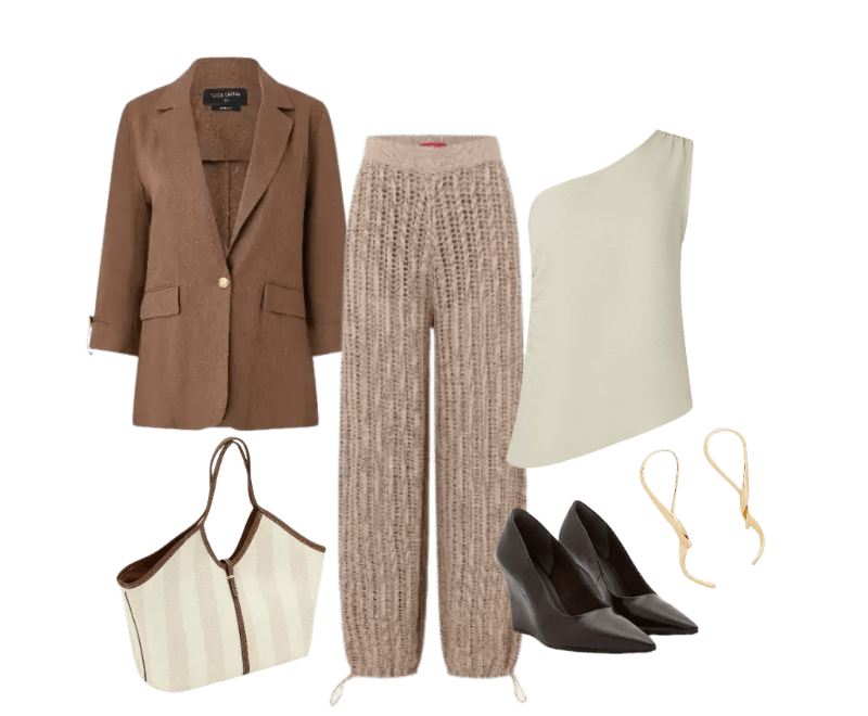 blazer marrom, calça bege de crochê, blusa clara de um ombro, sapatos pretos de salto, bolsa listrada, brincos dourados.