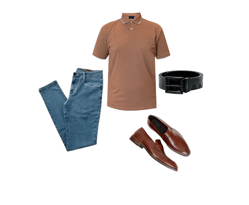 polo marrom, jeans azul, mocassim marrom, cinto preto.