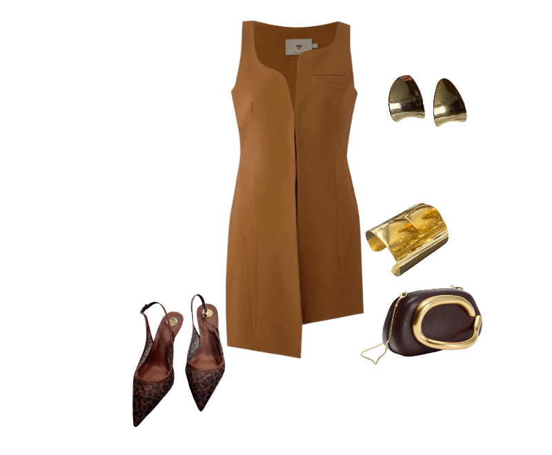 vestido caramelo sem mangas, scarpin animal print, brincos dourados, bracelete dourado, bolsa marrom pequena