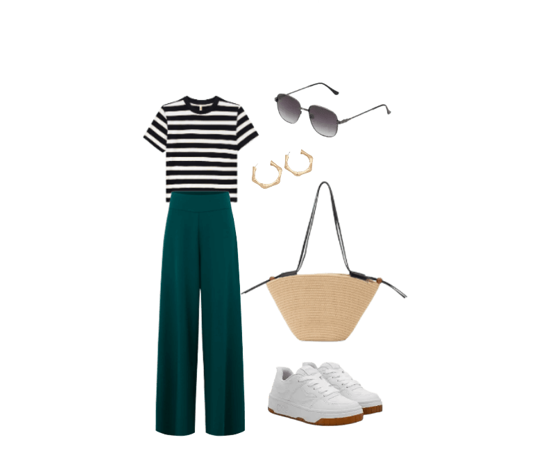 blusa listrada preto e branco, calça verde-jade, tênis branco, óculos de sol preto, bolsa de palha bege, brincos dourados