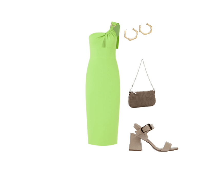 vestido verde-limão midi, brincos dourados argola, bolsa tiracolo marrom, sandálias bege salto bloco