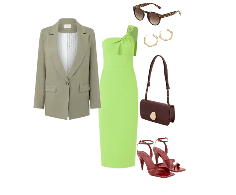 blazer cinza claro, vestido verde-limão, sandália vinho, bolsa marrom, óculos escuros, brincos dourados