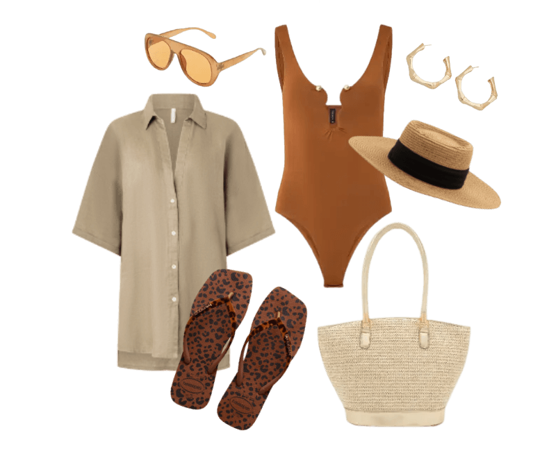 maiô marrom, camisa bege oversized, sandálias animal print, chapéu palha, óculos sol âmbar, brincos argola dourados, bolsa palha
