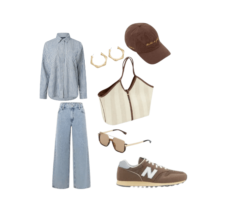 camisa listrada azul branca oversized, calça jeans reta, tênis marrom, bolsa palha listrada, boné marrom, óculos de sol nude, brincos dourados.