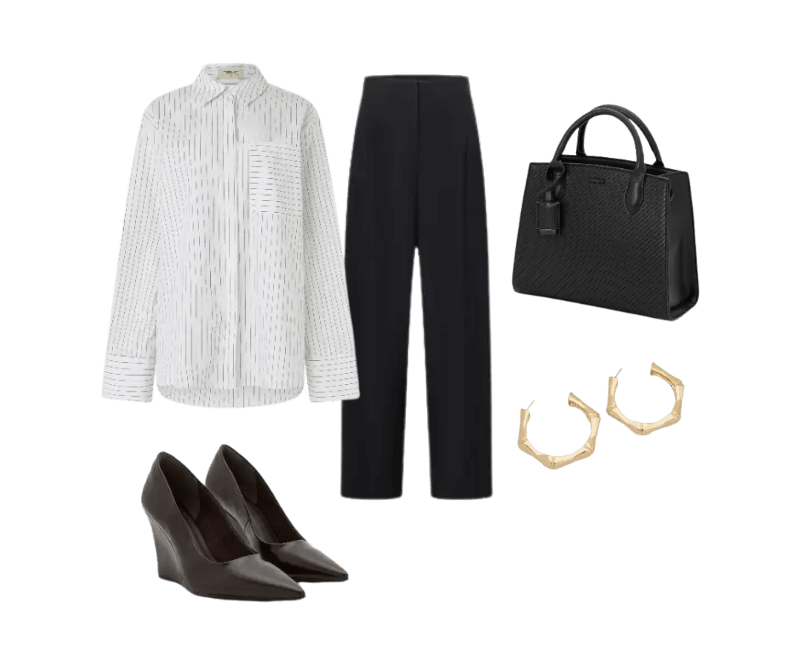 camisa listrada branca, calça preta alfaiataria, sapato salto marrom, bolsa preta estruturada, brincos dourados.