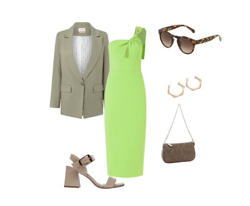 vestido verde midi, blazer bege, sandália bege, óculos de sol, brincos dourados, bolsa marrom