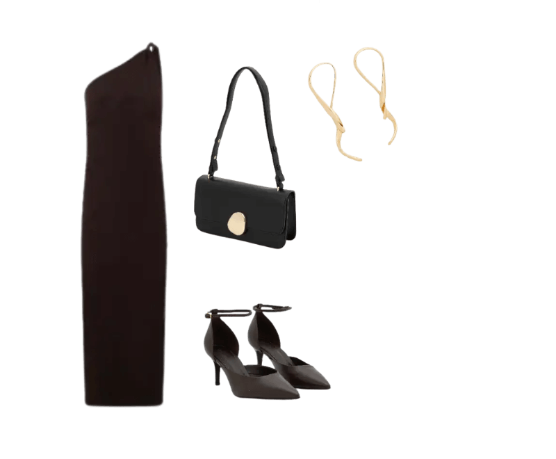 vestido preto longo, sapatos preto salto, bolsa preta detalhe dourado, brincos dourados minimalistas