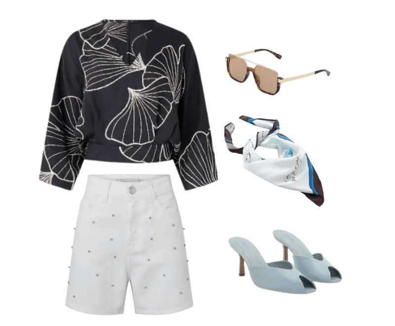 blusa preta estampada, short branco com aplicações, óculos de sol bege, lenço estampado, sandália azul clara de salto