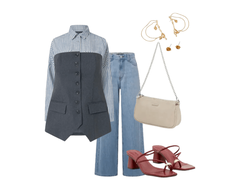 camisa azul listrada, colete cinza, jeans claro, sandálias vermelhas, bolsa bege, brincos dourados