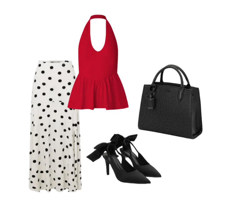 Top vermelho, saia longa de bolinhas preta e branca, sapatos pretos com laço, bolsa preta texturizada.