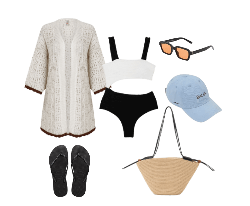 vestido crochê bege, biquíni preto, óculos de sol preto, boné azul claro, chinelos pretos, bolsa palha.