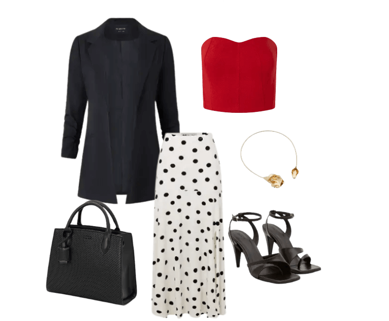blazer preto, top vermelho, saia preta e branca de poás, sandálias pretas, bolsa preta texturizada, acessório dourado de cabeça