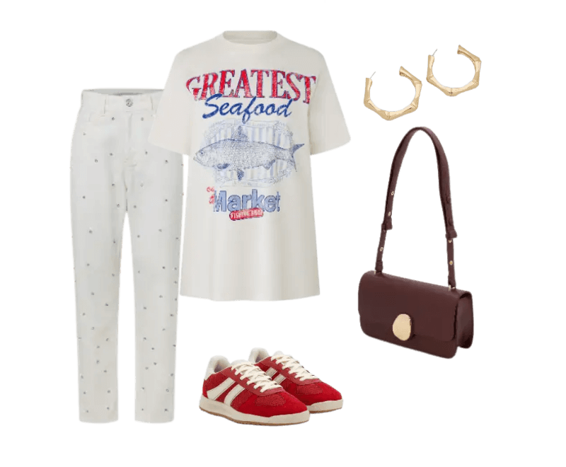 camiseta branca estampada, calça branca, tênis vermelho, bolsa vinho, brincos dourados