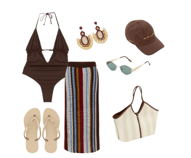 maiô marrom, saia listrada, sandálias bege, brincos grandes, óculos de sol, bolsa de praia listrada, boné marrom