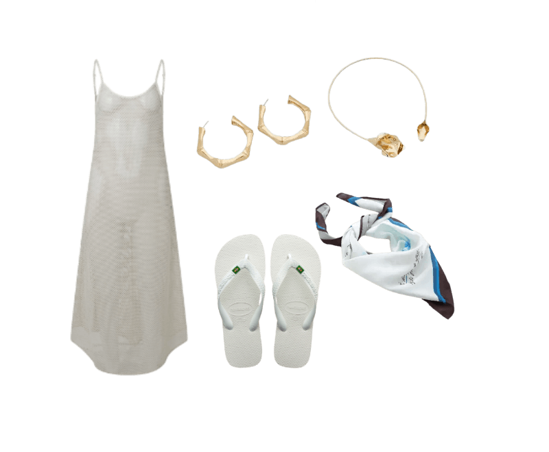 vestido branco fluido, sandálias brancas, lenço multicolorido, brincos dourados, colar dourado.