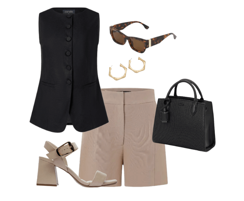 colete preto sem mangas, shorts bege alfaiataria, sandália bege salto, bolsa preta texturizada, óculos sol tartaruga, brincos dourados