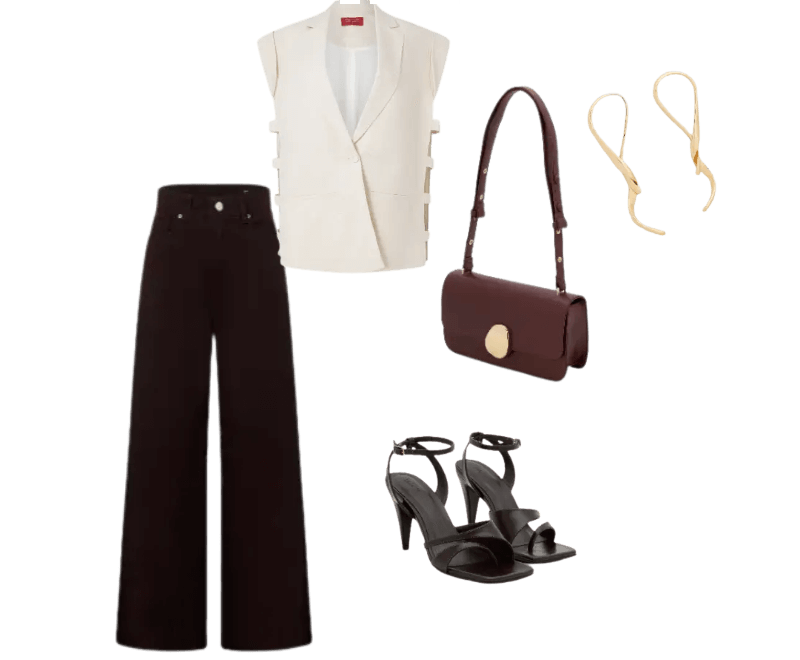 colete bege alfaiataria, calça preta ampla, sandálias pretas salto, bolsa vinho, argolas douradas