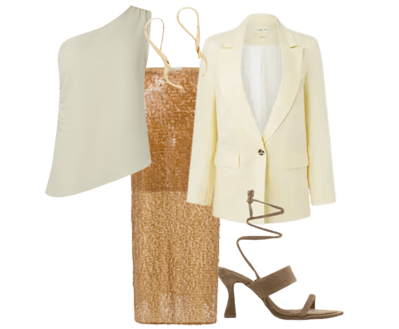 blazer amarelo claro, top ombro só amarelo claro, saia midi dourada paetê, sandália salto fino marrom