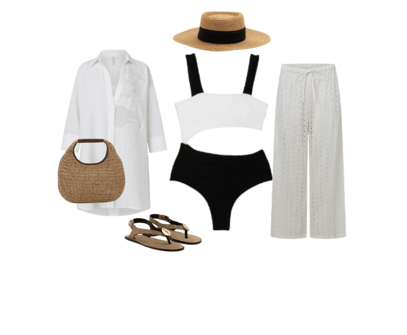biquíni preto alças largas, saia longa branca, camisa branca oversized, chapéu de palha bege, bolsa de palha, sandálias pretas