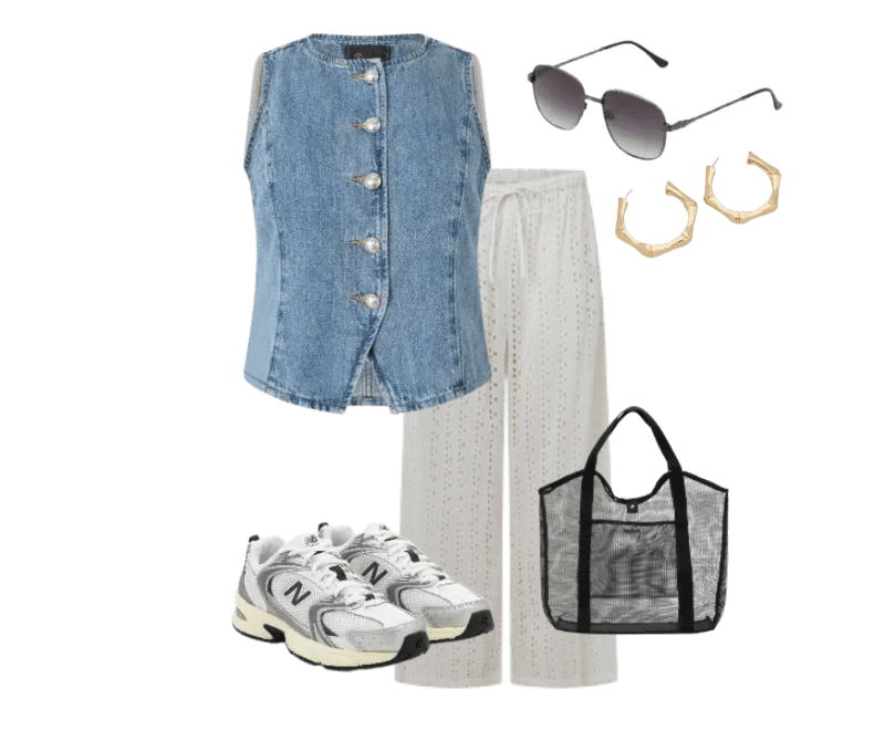 colete azul jeans, calça branca fluida, tênis branco cinza, óculos de sol preto, brincos dourados, bolsa de mão preta