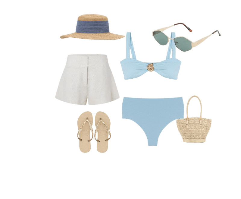 biquíni azul, shorts branco, chinelos bege, bolsa de palha, chapéu de palha, óculos escuros