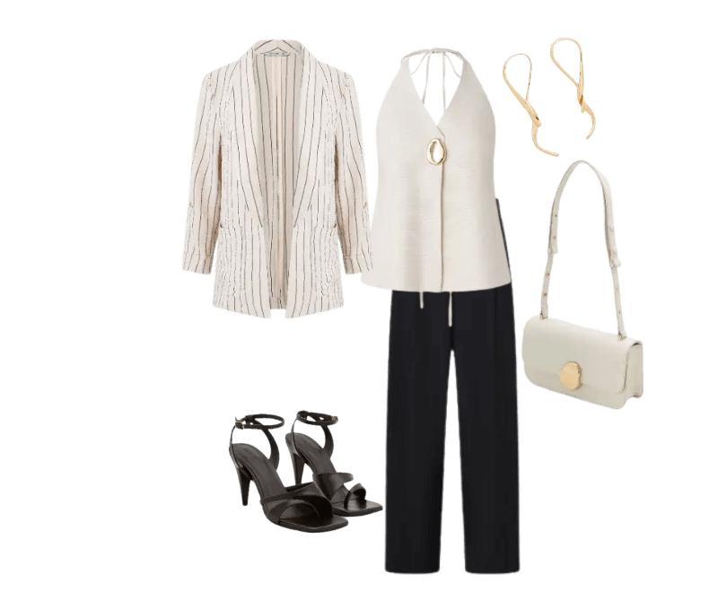 blazer listrado beige, blusa branca, calça preta, sandália preta, bolsa branca, brincos dourados