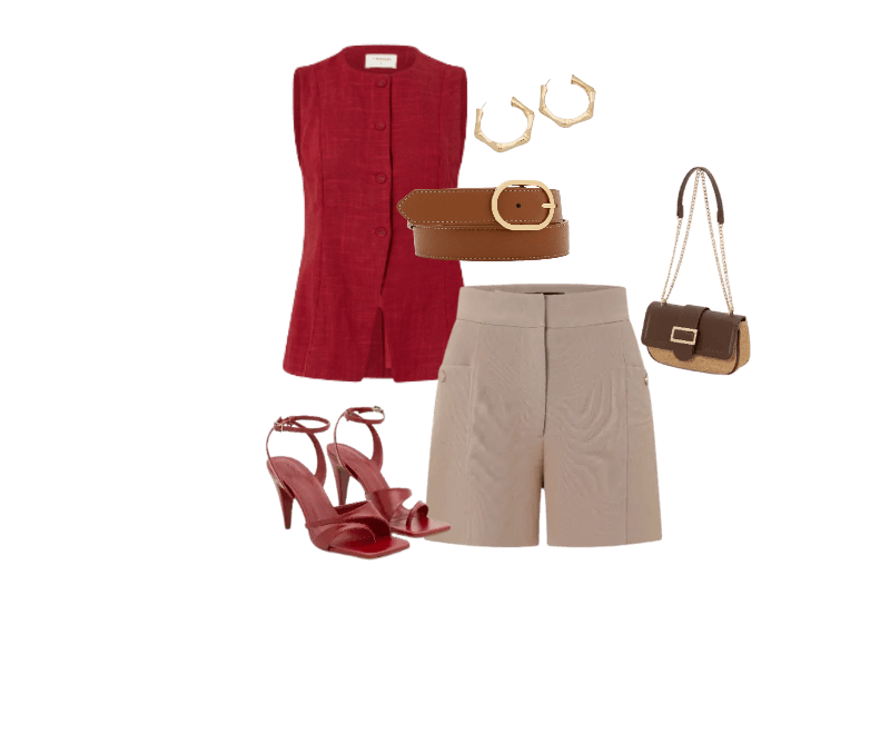 colete vermelho, shorts bege, sandálias vermelhas, bolsa marrom, cinto marrom, brincos dourados