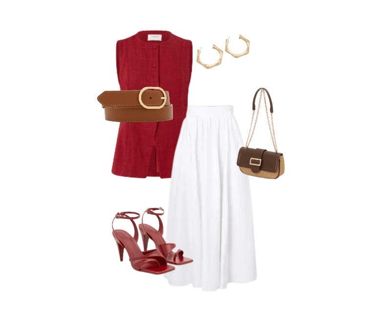 blusa vermelha sem mangas, saia longa branca, sandálias vermelhas, bolsa marrom, cinto marrom, brincos dourados