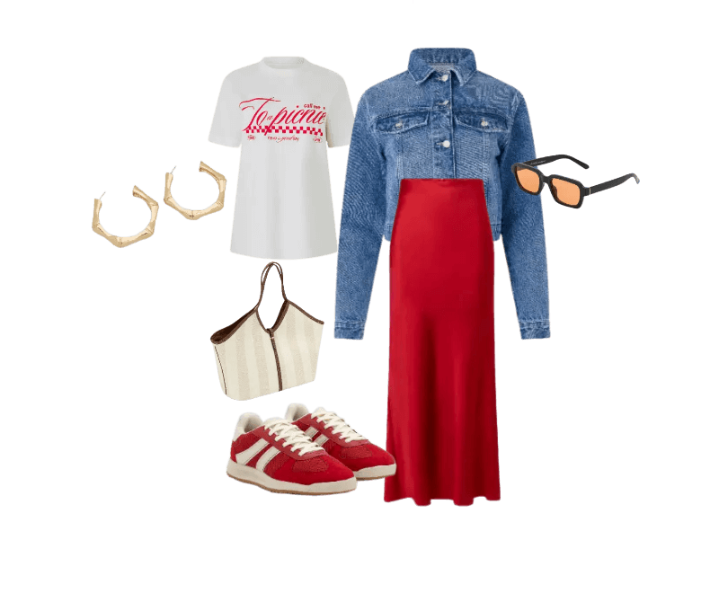 camiseta branca estampada, vestido vermelho longo, jaqueta jeans clara, tênis vermelhos, bolsa tote bege, brincos dourados, óculos de sol.