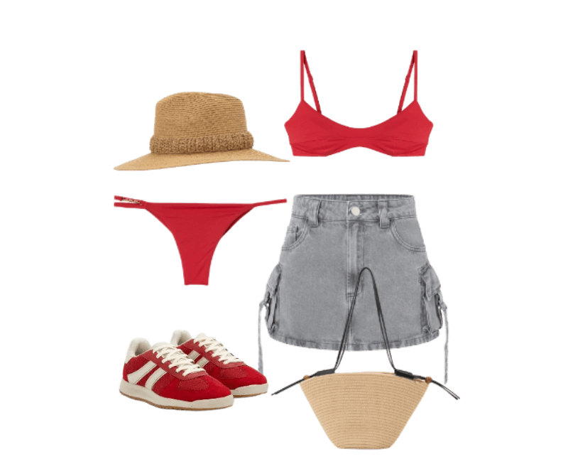 top vermelho, parte inferior biquíni vermelho, saia cinza cargo, tênis vermelho e branco, chapéu de palha, bolsa de palha